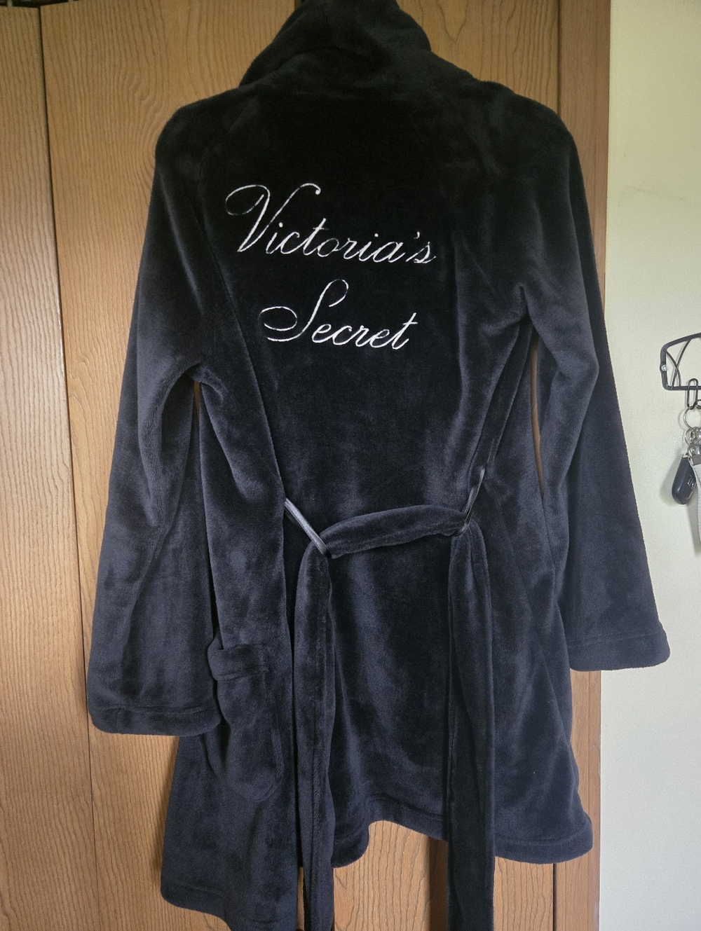 Victoria's Secret Black Plush Embroidered Logo Robe